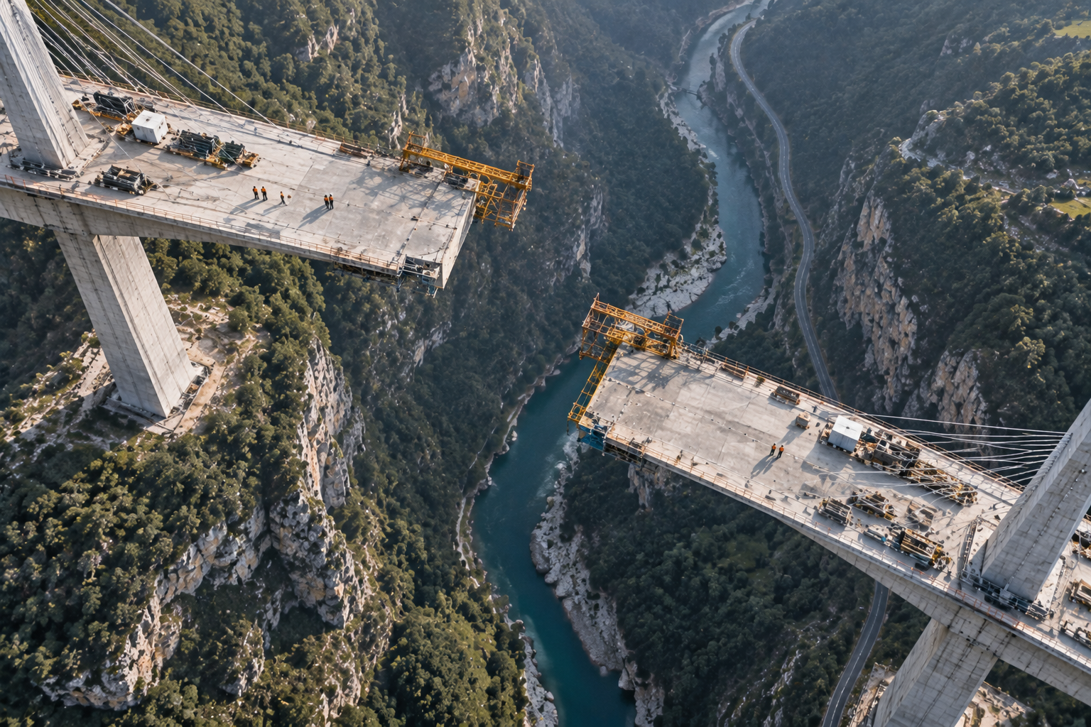 Deux parties d’un pont avancent mais ne sont pas alignées pour se rejoindre.