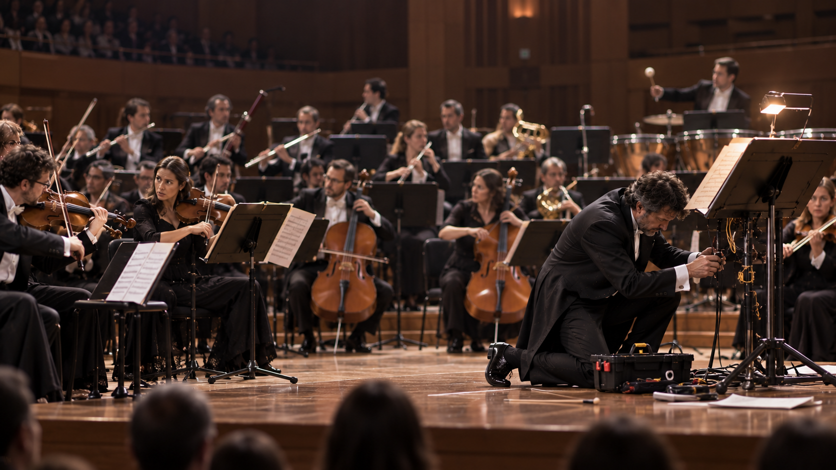 Un chef d’orchestre quitte sa place pour réparer un problème pendant que l’orchestre continue.